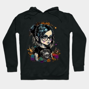 Cartoon little girl with glasses in gothic style at school Hoodie